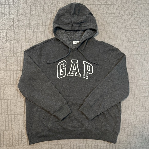 Gap Hoodie Men Large Gray Fleece Boxy Fit Sweatshirt Spellout‎ Logo Casual - Picture 1 of 9
